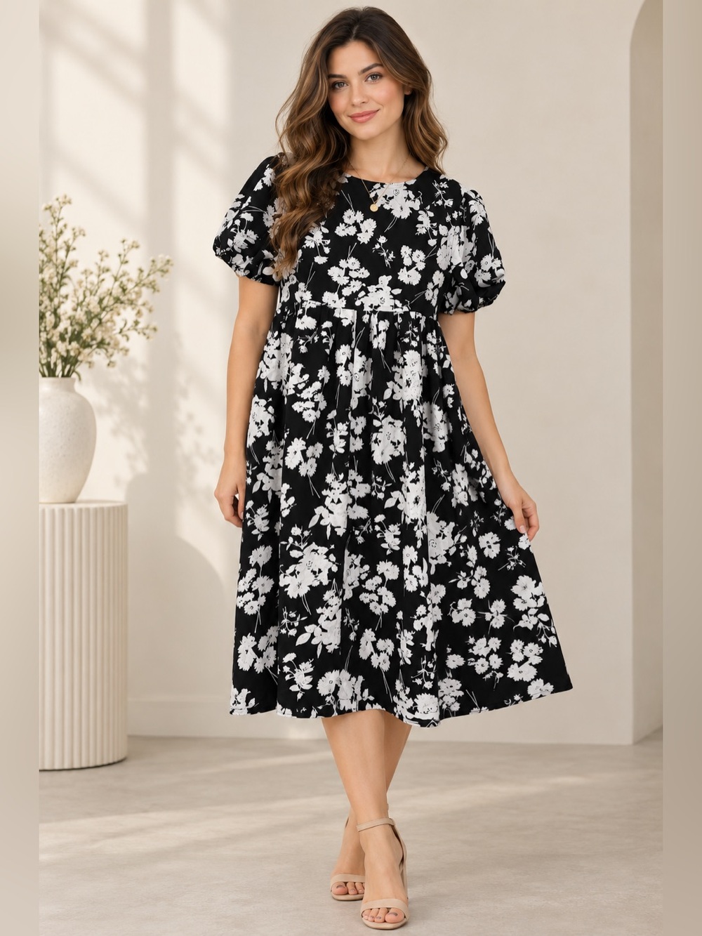 SHEIN Black & White Floral Midi Dress Size US 4